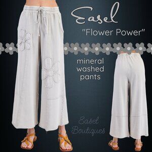 EASEL “Flower Path” Mineral Washed Pants Wide Leg Cozy Relax Fit Raw Seams, Hems